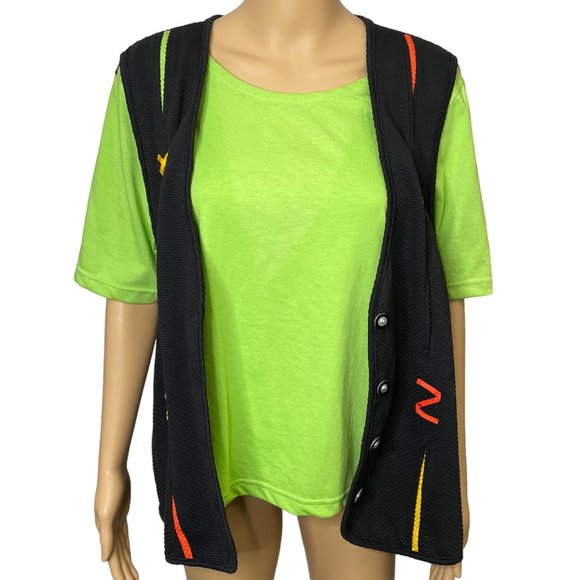 RARE‎ Vintage Blast Petites Women's M PM 1-Piece Green Black Blouse Vest Combo - Picture 2 of 12